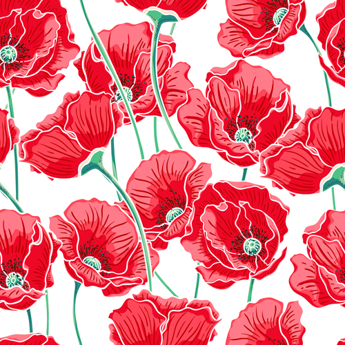 Beautiful poppy seamless pattern set vector 03
