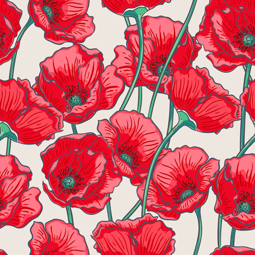 Beautiful poppy seamless pattern set vector 04