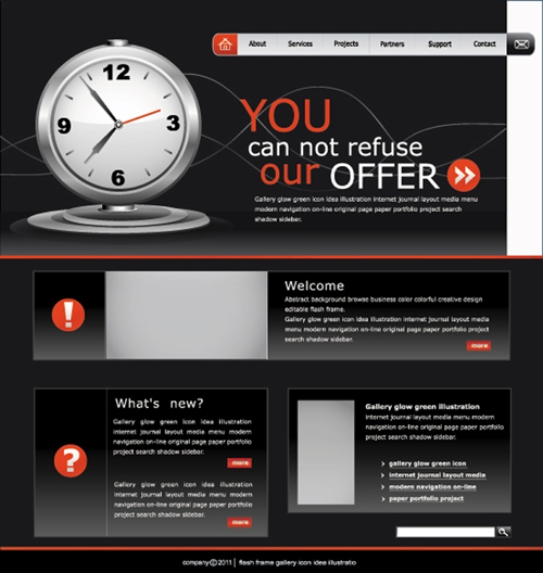 Black style clock website template vector