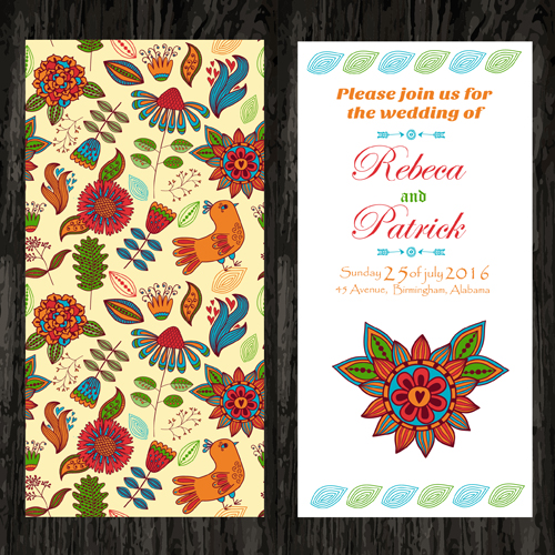 Floral ethnic pattern wedding invitations vector set 01