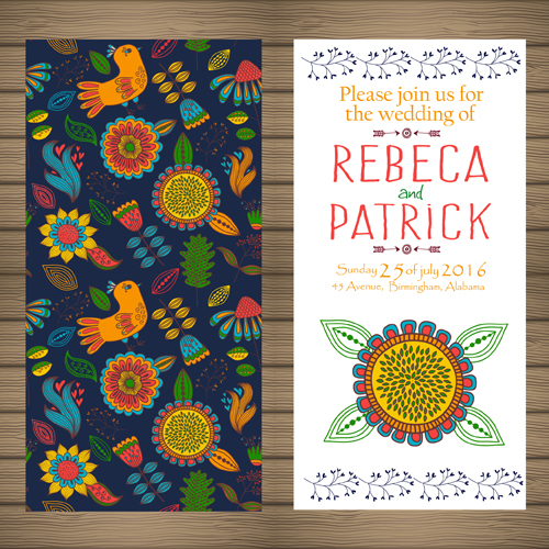 Floral ethnic pattern wedding invitations vector set 03