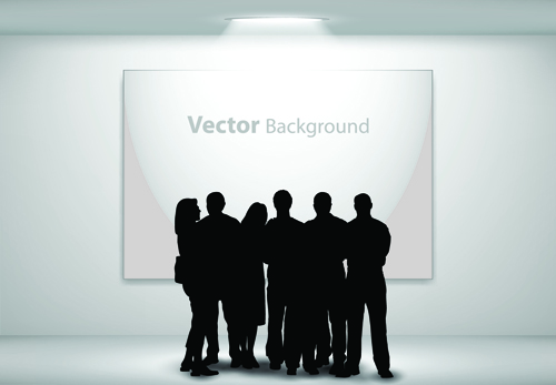 Gallery background and people silhouettes vector set 02