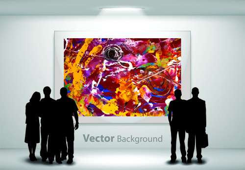 Gallery background and people silhouettes vector set 03