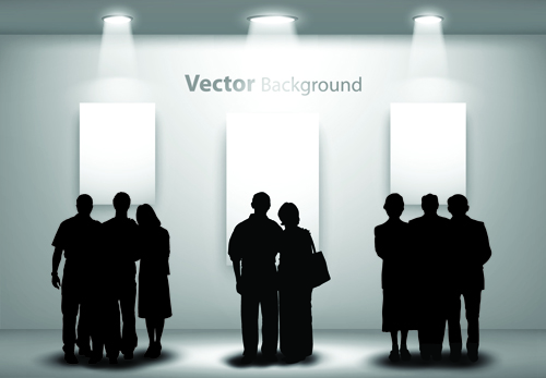 Gallery background and people silhouettes vector set 04