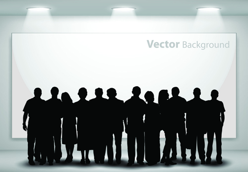 Gallery background and people silhouettes vector set 05