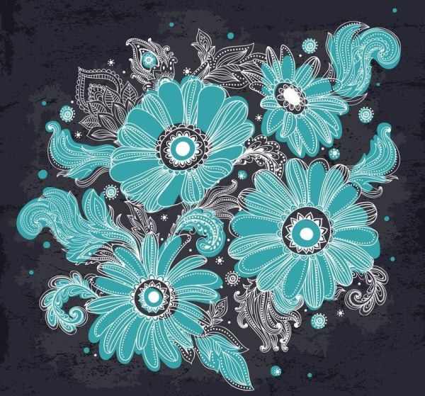Hand drawn flowers blue vector graphics