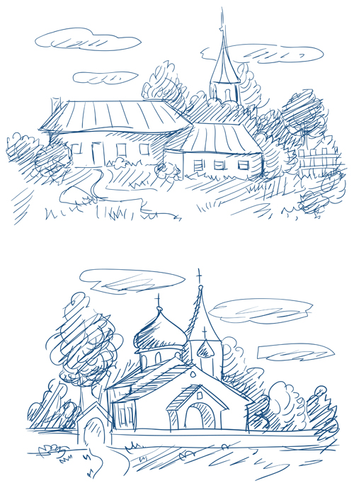 Hand drawn countryside landscapes vector 02