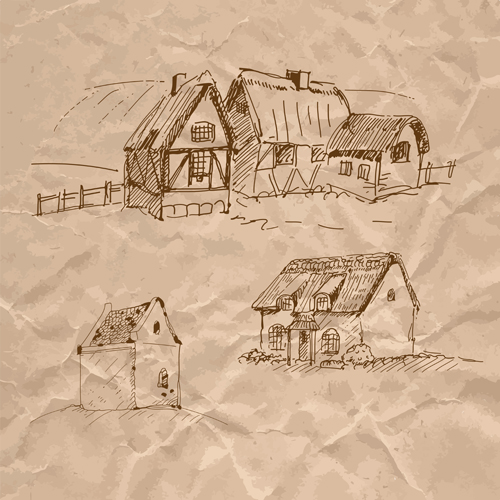 medieval hand drawn Crumpled paper crumpled buildings 