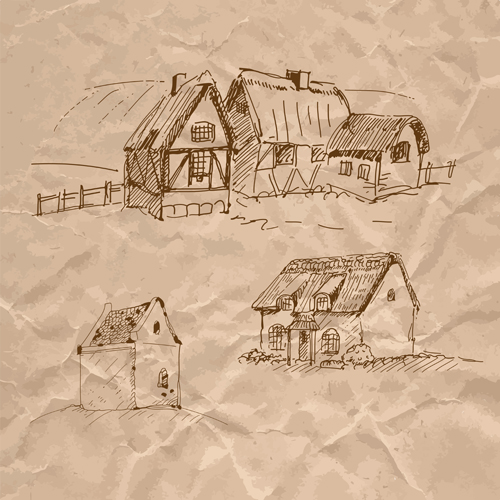 Hand drawn medieval buildings and crumpled paper vector 01