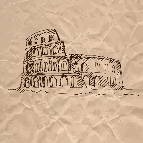 Hand drawn medieval buildings and crumpled paper vector 04