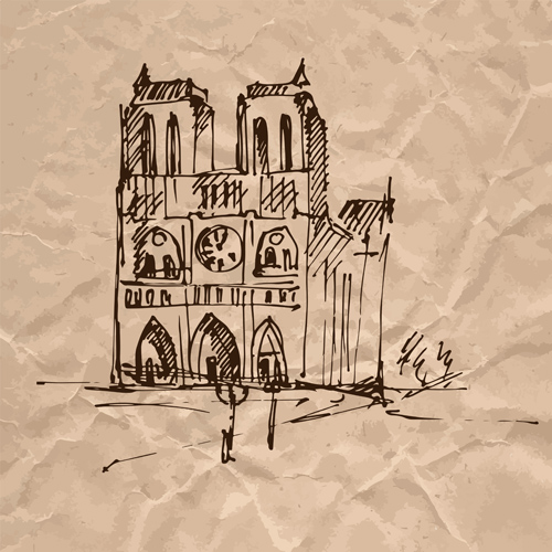 medieval hand drawn Crumpled paper crumpled buildings 