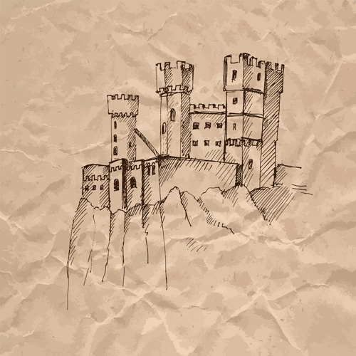Hand drawn medieval buildings and crumpled paper vector 08