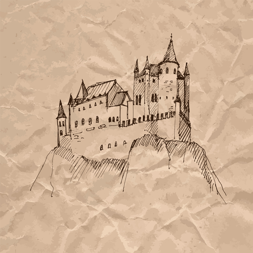 Hand drawn medieval buildings and crumpled paper vector 11