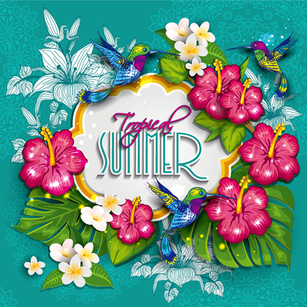 Hibiscus with birds summer bacckground vector