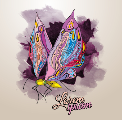 Colored Insect and watercolor background vector 02