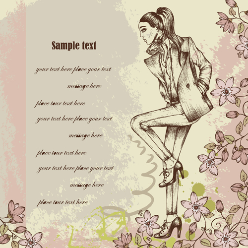 Hand drawn Fashion woman vector background set 02