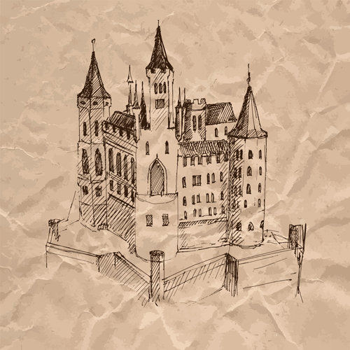 Hand drawn medieval buildings and crumpled paper vector 09