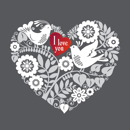 Romantic birds with floral hearts vector 01