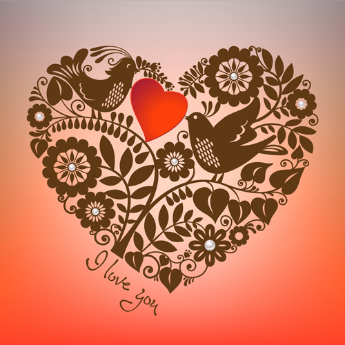Romantic birds with floral hearts vector 03