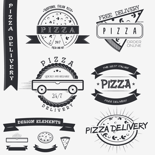 Creative pizza delivery labels with logos vintage vector 02