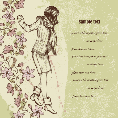Hand drawn Fashion woman vector background set 01