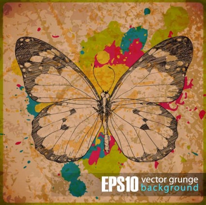 Vintage ink stains butterfly vector art background