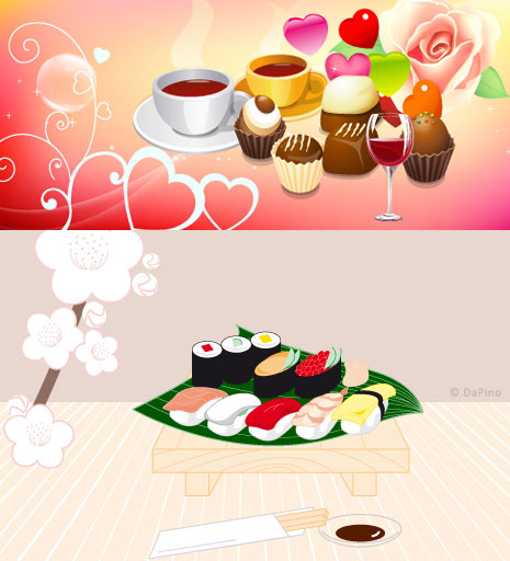 Sushi and coffee cake design vector
