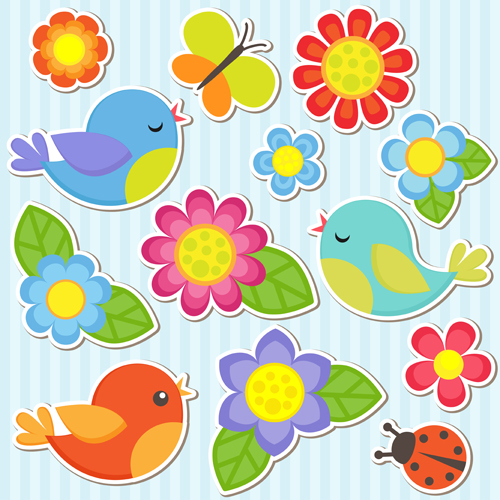 Bird and butterfly and ladybug with flower sticker vector