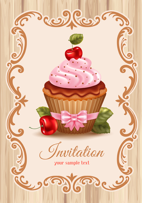 cupcakes vector invitation cards 02 Cute cupcakes vector invitation cards 02