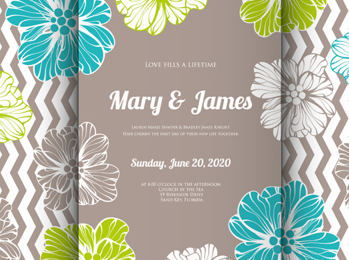 Floral romantic wedding card vectors 02