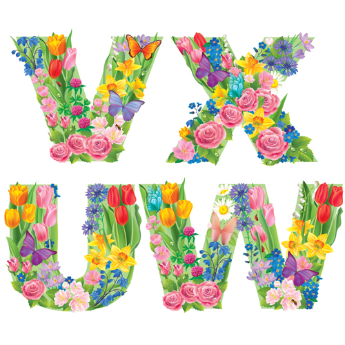 Flowers with butterfly alphabets vector set 04