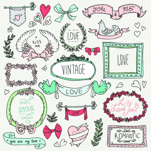 me with ornaments elements vector 03 Hand drawn romantic frame with ornaments elements vector 03