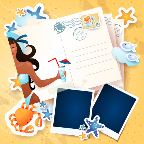 Summer elements postcards vector 05