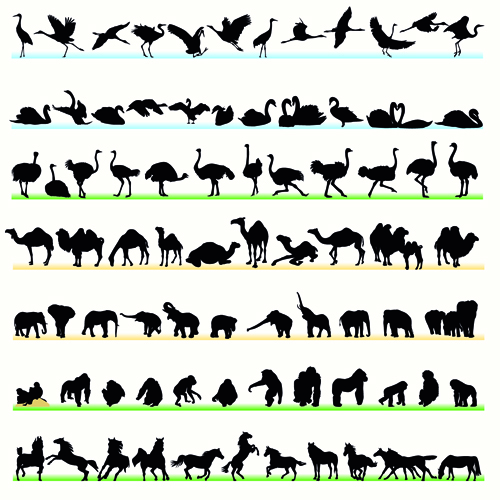 Various Animals Silhouettes design vector set 05