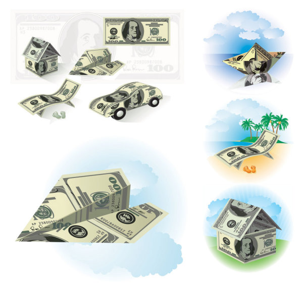 small house paper airplane money coconut trees car boat 
