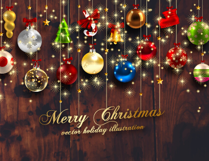 2015 Christmas baubles with dark wood background vector 03