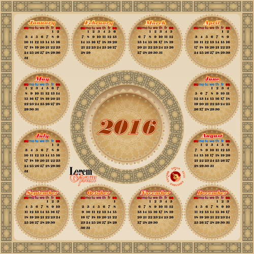 Circular Calendar 2016 vintage vector 01 Circular Calendar 2016 vintage vector 01