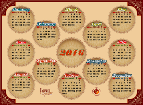 Circular Calendar 2016 vintage vector 02 Circular Calendar 2016 vintage vector 02