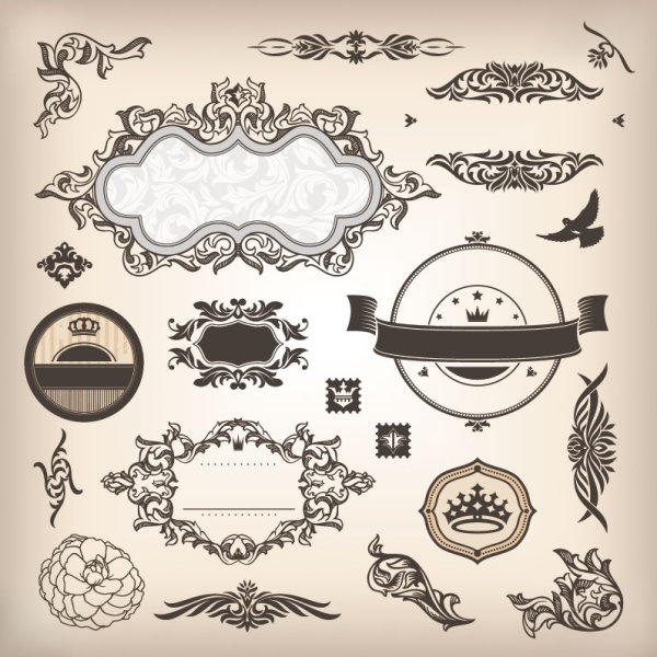 Vintage elements Borders and labels vector 04