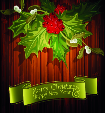 Christmas green ribbon with wooden background vector
