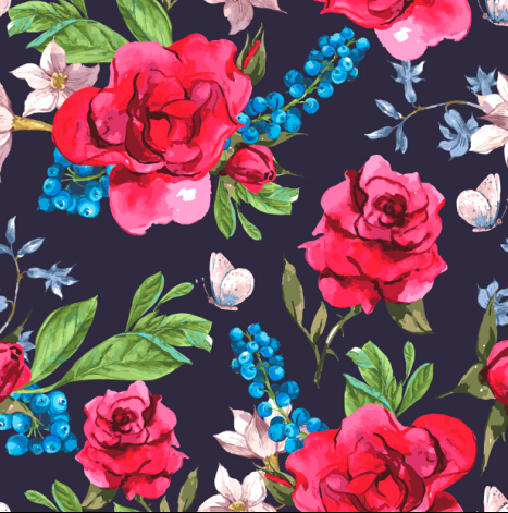 Hand drawn flower with butterflies pattern vector 02