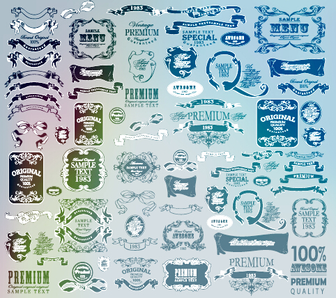 Vintage calligraphic ribbon with labels vector 01