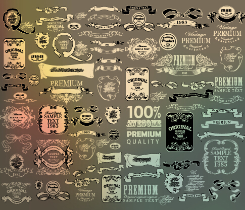 Vintage calligraphic ribbon with labels vector 02