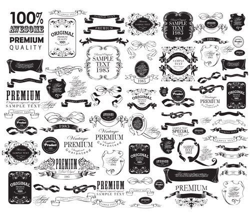 Black vintage ornaments with labels and ribbon vector 03