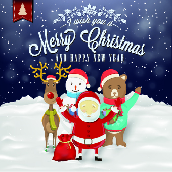 Santa with cute animal and snowman christmas background