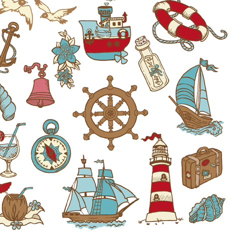 Elements of doodle sea vector icons 01