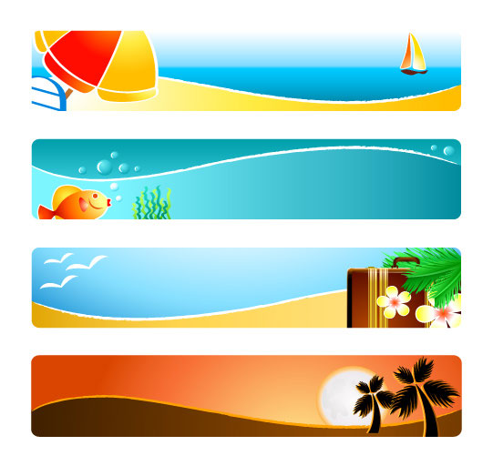 sun summer sea sand sailing palm trees fish banner 