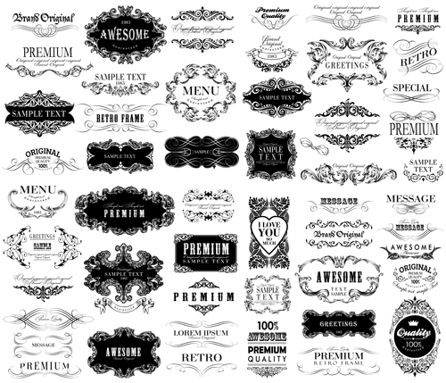 Black vintage ornaments with labels and ribbon vector 01
