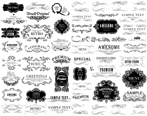 Black vintage ornaments with labels and ribbon vector 02