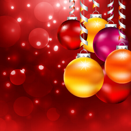 Colored christmas baubles with red background vector